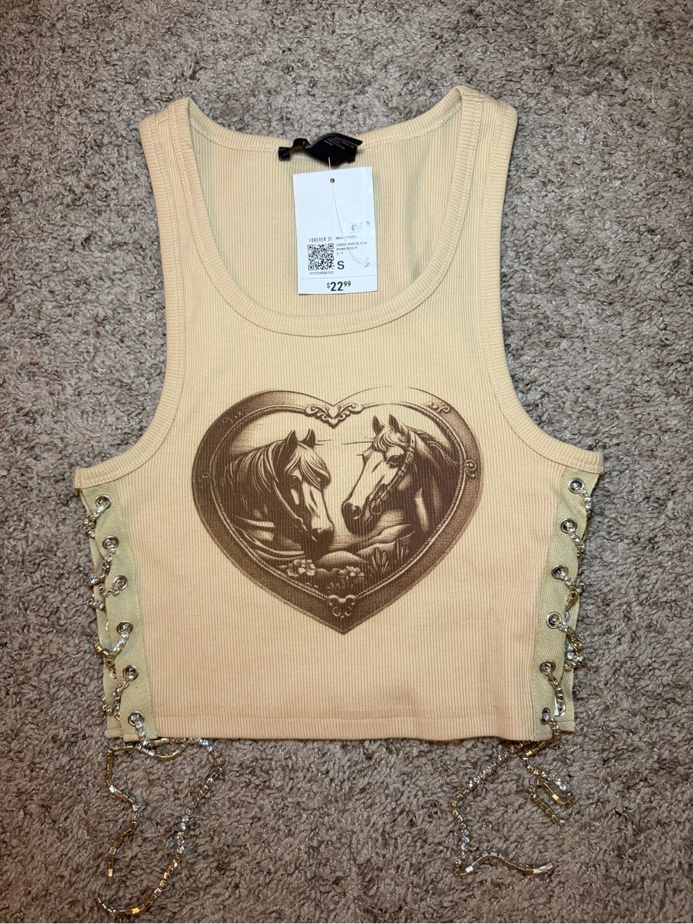 Forever 21 Beige Horse Heart Lace-Up Crop Tank